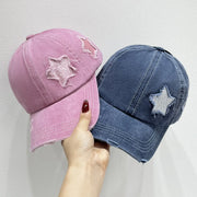 Star Embroidered Baseball Cap in pink and blue, showcasing distressed star stitching for a trendy look.