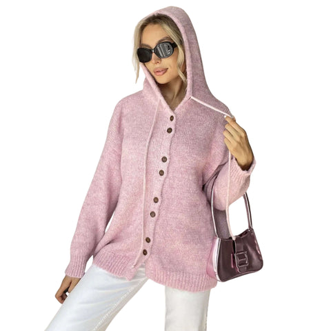 Drawstring Button-Up Hooded Cardigan with Pockets