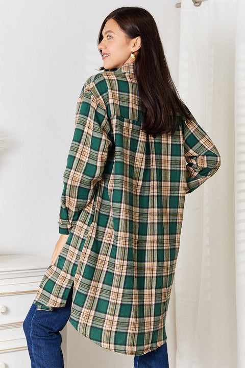 Mandy Plaid Collared Shirt shown from the back, featuring a classic plaid pattern in green and beige.