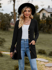 Ribbed Button-Up Cardigan with Pockets worn by a model in a casual outdoor setting.
