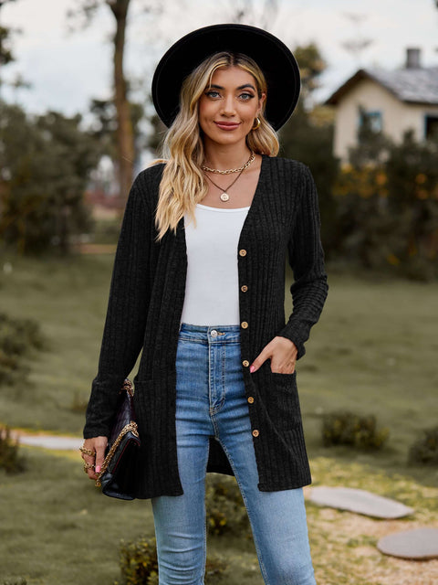 Ribbed Button-Up Cardigan with Pockets worn by a model in a casual outdoor setting.