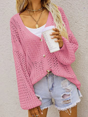 Openwork Button Front Cardigan in pink, styled with a white top and denim shorts, perfect for casual outings.