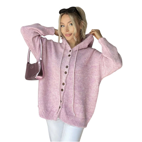 Drawstring Button-Up Hooded Cardigan with Pockets