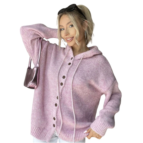 Drawstring Button-Up Hooded Cardigan with Pockets